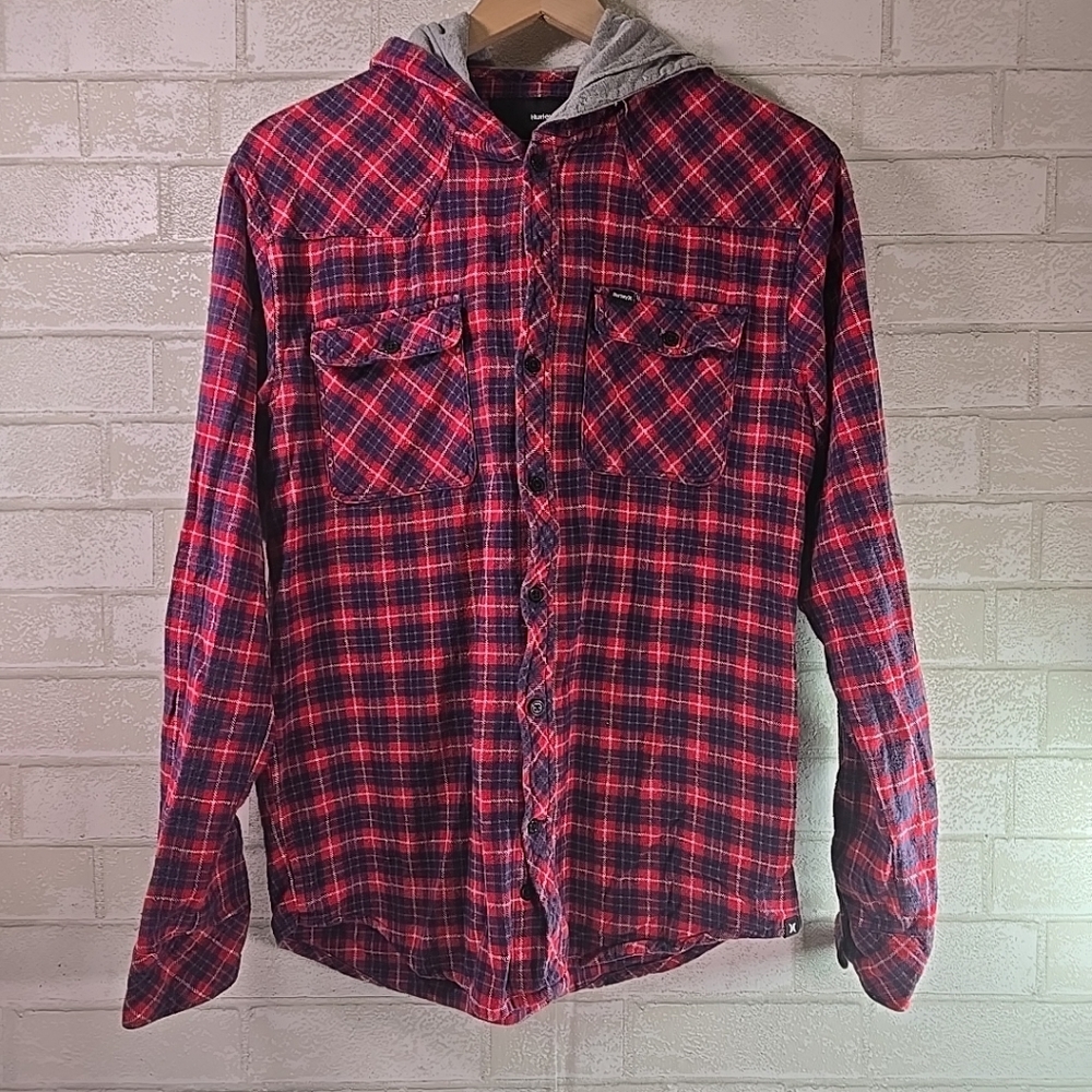 Hurley Flannel Button Up Hoodie Jacket Plaid Red, Dark Blue, White Men's Small